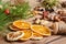 Close-up of dried oranges. Dried flowers for children's creativity.