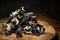 Close up of dry black sliced mushroom on wooden background. Edible dark fungus - auricularia polytricha. Nobody