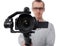 Close up of dslr camera on 3-axis gimbal stabilizer in videographer hands isolated on white