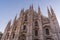 Close up of Duomo di Milano church in the early morning during sunrise, Milan Italy