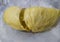 Close-up of durian yellow flesh on white crumpled paper.