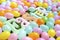 Close up of Easter banner letters surrounded by colorful Easter eggs