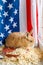 Close up of an Easter bunny, against the backdrop of the American flag.