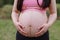 Close-up of Eastern Asian Chinese pregnant woman\'s belly, hands touch her belly, in outdoor nature sunny day, grass meadow forest