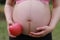 Close-up of Eastern Asian Chinese pregnant woman\'s belly, red apple fruit on one hand, another hand on belly in nature outdoor