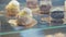 Close up eclairs and chocolate cakes in the glass display case