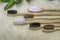 Close up -eco friendly natural bamboo toothbrush place on towel, concept reduce use plastic for Sustainable health