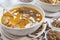 Close-up of edible insects in pumpkin soup