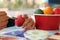 Close up eggs are being painted with child for preparing easter day. Selective focus and shallow depth of field.