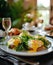 Close-up Eggs Benedict, a classic brunch dish, served on a plate with vibrant arugula greens as garnish. This image is ideal for