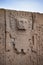 Close-up of elaborate stone carvings and reliefs on the Puerta de Sol Gateway of the Sun, at the Tiwanaku archeological site,