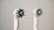 Close up of electric toothbrushes on white background. Head of toothbrush for oral hygiene. Dental concept of healthy