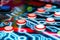 Close-up of an electronic arcade game. Board game button abstraction