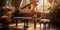 Close up of an elegant grand piano with warm sunlight, luxury, romantic scenery, music instrument