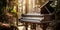 Close up of an elegant grand piano with warm sunlight, luxury, romantic scenery, music instrument