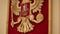 Close-up of the emblem of the Russian Federation in a public institution. Media. The camera shows the coat of arms in