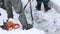 Close-up. Emergency situations ministry team removes ice blockage on a small river