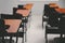 Close-up of empty desks in classroom, concept social distancing
