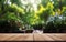 Close up of empty wooden table top with blur nature garden park background