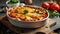 Close-up enchilada dish, served on a white plate - layers of corn tortillas filled with chicken or beef, enveloped in a fragrant