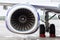 Close-up of engine of passenger jet plane