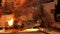 Close up for the equipment at the metallurgical plant with burning furnace melting steel. Stock footage. Shop at the