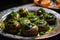 Close-up of Escargots, beautifully arranged with a sprinkle of parsley and drizzle of garlic butter