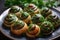 Close-up of Escargots, beautifully arranged with a sprinkle of parsley and drizzle of garlic butter