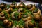 Close-up of Escargots, beautifully arranged with a sprinkle of parsley and drizzle of garlic butter