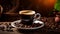 Close up of espresso coffee cup with freshly roasted coffee beans on rustic vintage table