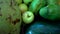 Close up of exotic fresh juicy fruits on wooden brown table background