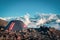 Close up of expedition tent, secured with rocks. Mount Elbrus