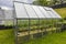 Close up  exterior view of private small garden with greenhouse for growing vegetables.