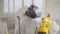 Close up exterminator in overalls carries out surface treatment by means of a spray