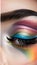 A close-up of an eye with colorful makeup and eyelashes illustration Artificial intelligence artwork generated