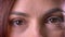 Close-up eye-portrait of young caucasian brown-headed woman watching peacefully into camera.