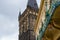 Close-up of the facade of Municipal House ObecnÃ­ dÅ¯m of Prague, Czech Republic, with Powder Tower Prasna Brana at the