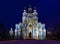 Close up facade of Smolny Cathedral under illumination, Saint Petersburg, Russia