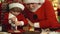Close up face of cute child with Santa preparation Christmas cookies for family. Grandfather and grandson prepare New