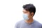 close-up face focus handsome asian boy People who sweat from morning exercise and wear a mask. - white background