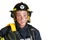 Close-up face of young brave man in uniform and hardhat of firefighter