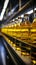 Close up of factory equipment Conveyor line filling bottles with sunflower and vegetable oil