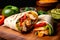 Close-up of a fajita wrap, bursting with grilled chicken, onions, and colorful peppers, on a wooden board with fresh salsa