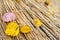 Close-up of fallen autumn leaves lying on a thatched roof