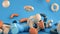 Close up of falling children building set on blue background. Animation. Many 3d figures falling down randomly, concept