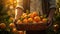 Close up of a farmer holding a basket full of tangerines. Generative AI.