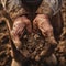 A close-up of a farmer\\\'s weathered hands holding dry soil, emphasizing the struggle for survival.