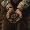 A close-up of a farmer\\\'s weathered hands holding dry soil, emphasizing the struggle for survival.