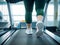 close up fat legs of woman running on treadmill, workout at fitness center, gym