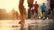 Close-up feet of group runner running marathon on the road in the urban during rain fall and sunset